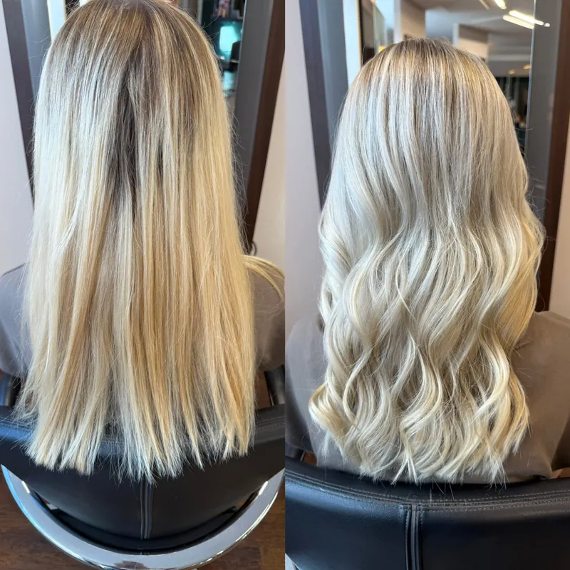 Vorher und nachher: gelbliches Blond wird zu kühlem Hellblond mit Wellen