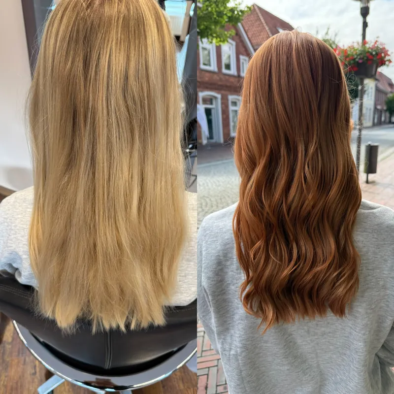Vorher und nachher: helles Blond wird zu Kupfer mit Wellen